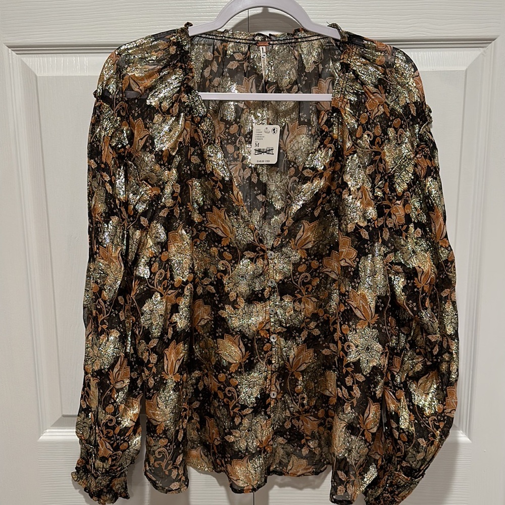 Free People Scorpio Long Sleeve Metallic Floral Sheer Blouse NWOT - - Picture 3 of 6